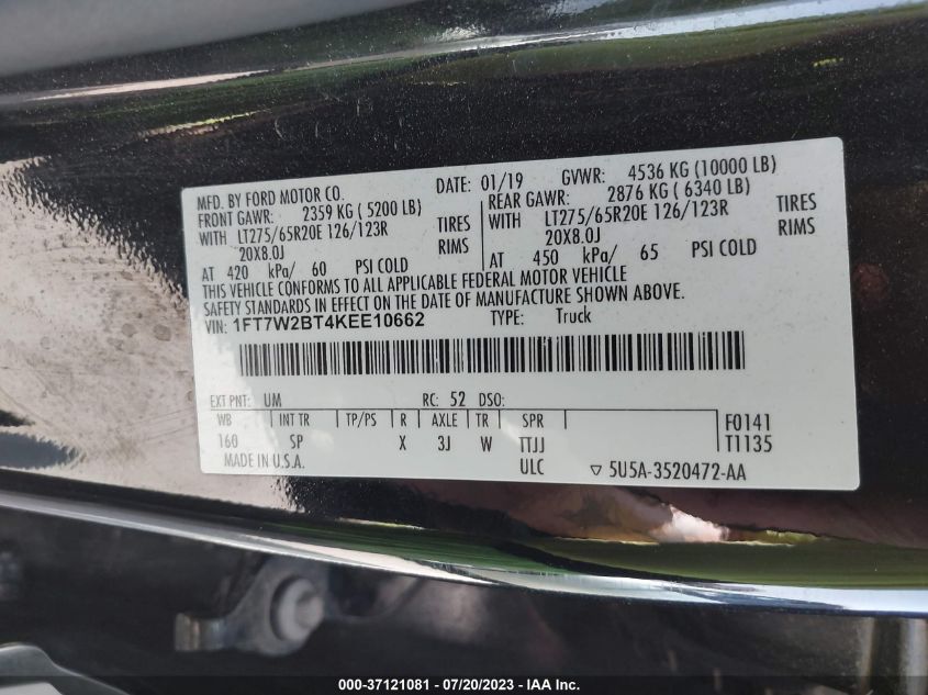 2019 FORD SUPER DUTY F-250 SRW XL/XLT/LARIAT - 1FT7W2BT4KEE10662