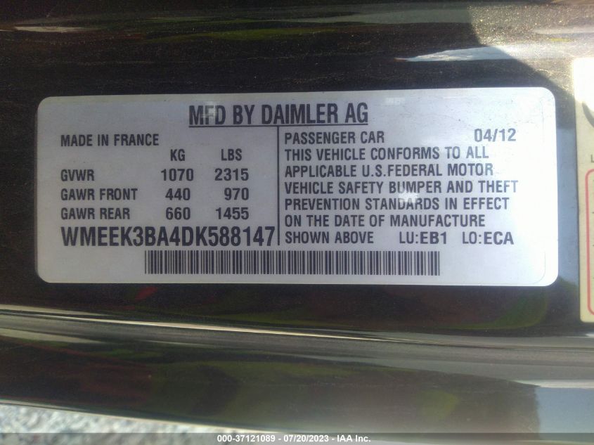 2013 SMART FORTWO PASSION WMEEK3BA4DK588147