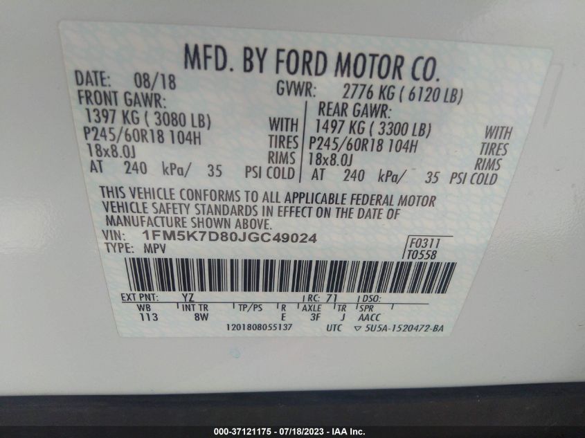2018 FORD EXPLORER XLT - 1FM5K7D80JGC49024