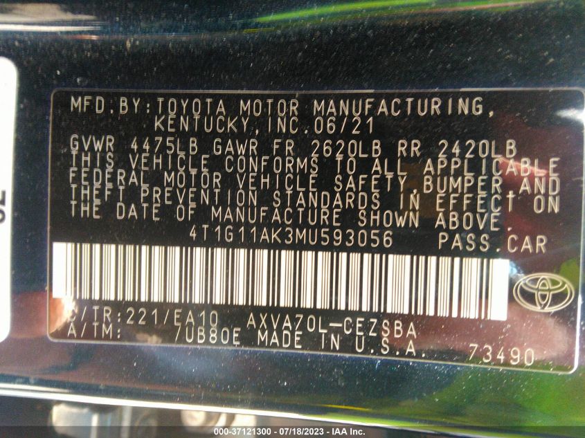 2021 TOYOTA CAMRY SE - 4T1G11AK3MU593056