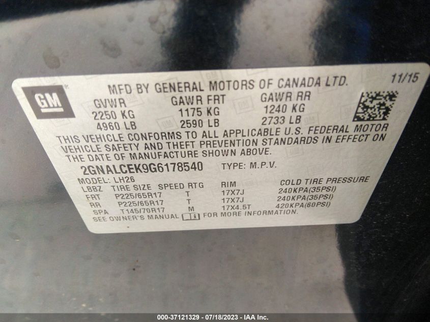 2016 CHEVROLET EQUINOX LT - 2GNALCEK9G6178540