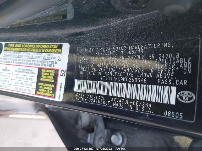 2019 TOYOTA CAMRY L/LE/XLE/SE/XSE - 4T1B11HK9KU259546