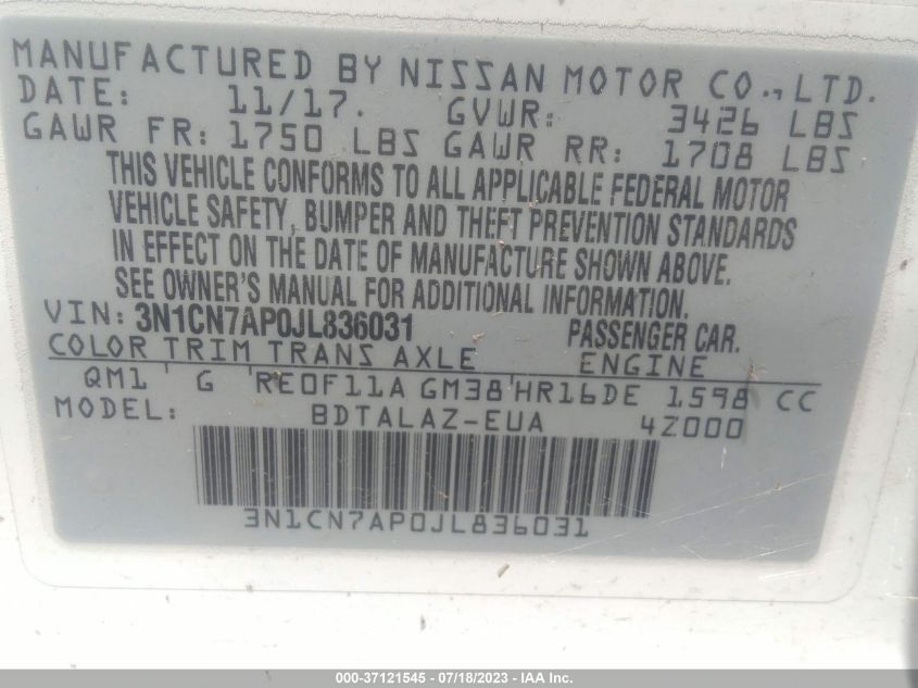 2018 NISSAN VERSA SEDAN S PLUS - 3N1CN7AP0JL836031
