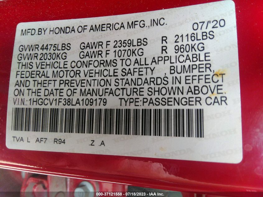 2020 HONDA ACCORD SEDAN SPORT - 1HGCV1F38LA109179