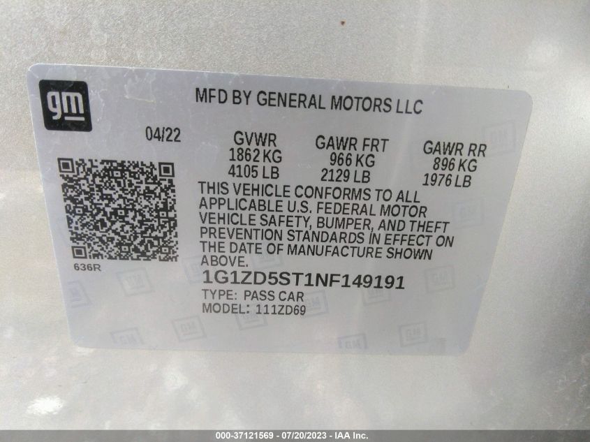 2022 CHEVROLET MALIBU LT - 1G1ZD5ST1NF149191