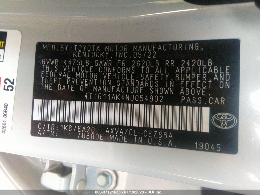 2022 TOYOTA CAMRY SE/SE NIGHT SHADE - 4T1G11AK4NU054902