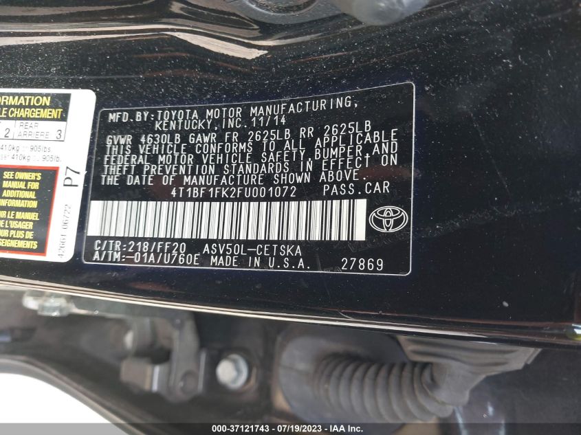2015 TOYOTA CAMRY LE/XLE/SE/XSE - 4T1BF1FK2FU001072