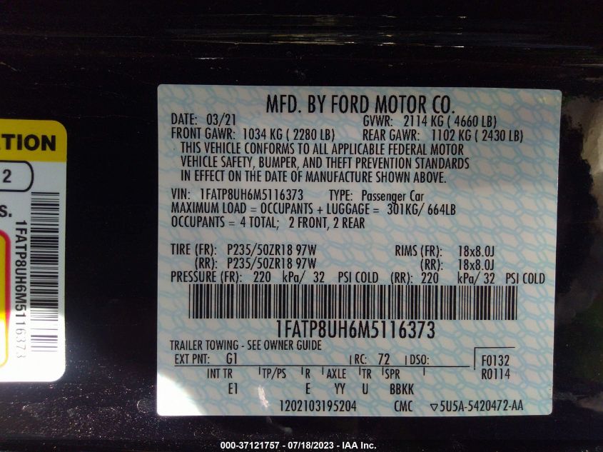 2021 FORD MUSTANG ECOBOOST - 1FATP8UH6M5116373