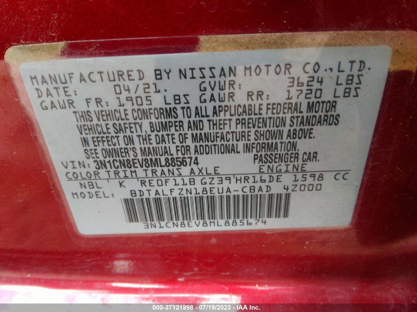 2021 NISSAN VERSA SV - 3N1CN8EV8ML885674
