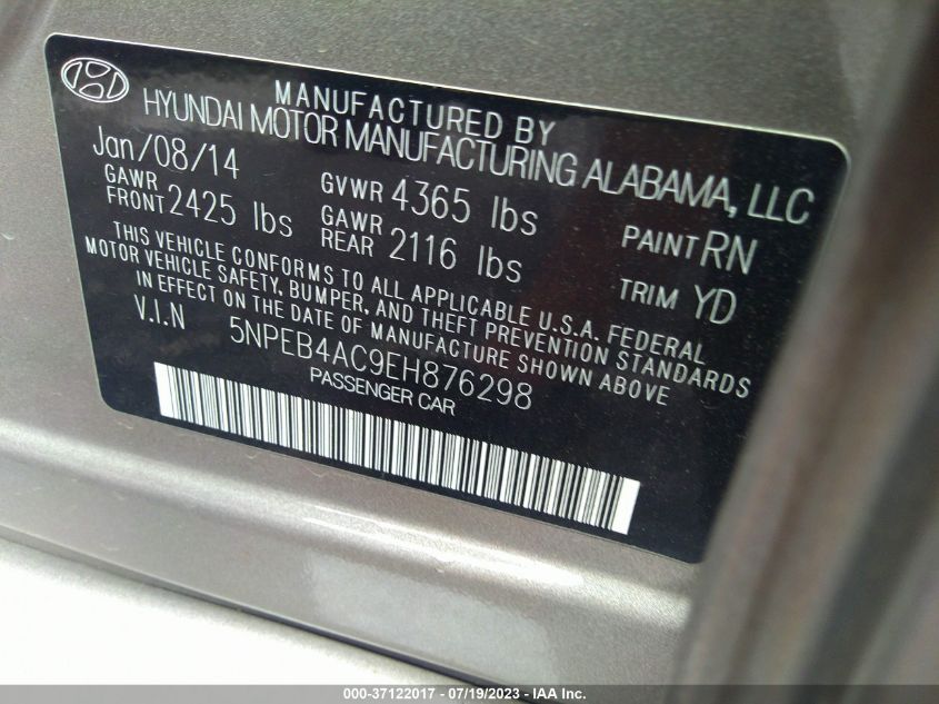 2014 HYUNDAI SONATA GLS - 5NPEB4AC9EH876298