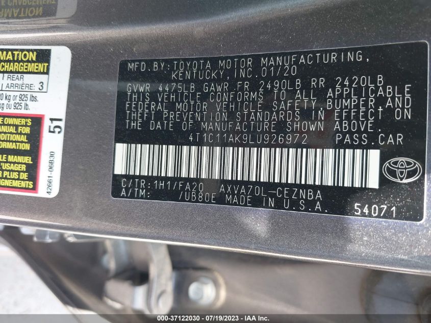 2020 TOYOTA CAMRY LE - 4T1C11AK9LU926972