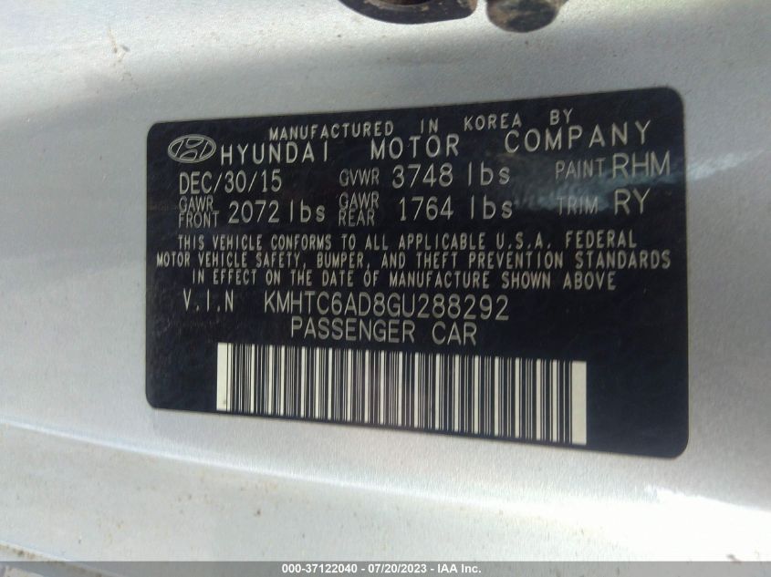 2016 HYUNDAI VELOSTER - KMHTC6AD8GU288292