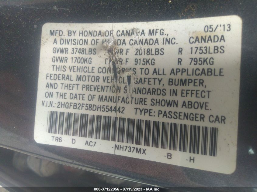 2013 HONDA CIVIC SDN LX - 2HGFB2F58DH554442