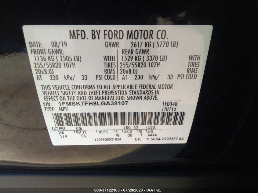 2020 FORD EXPLORER LIMITED - 1FMSK7FH8LGA38107