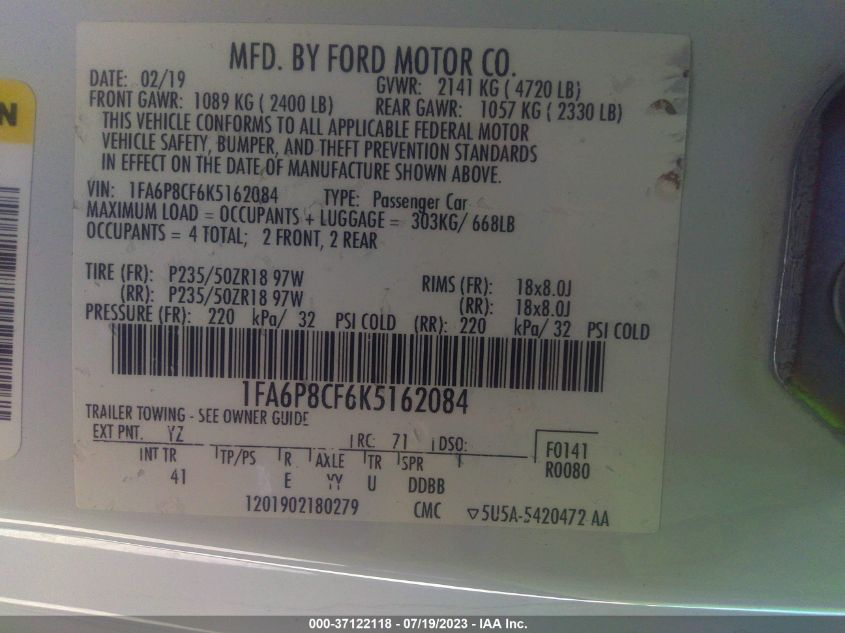 2019 FORD MUSTANG GT - 1FA6P8CF6K5162084