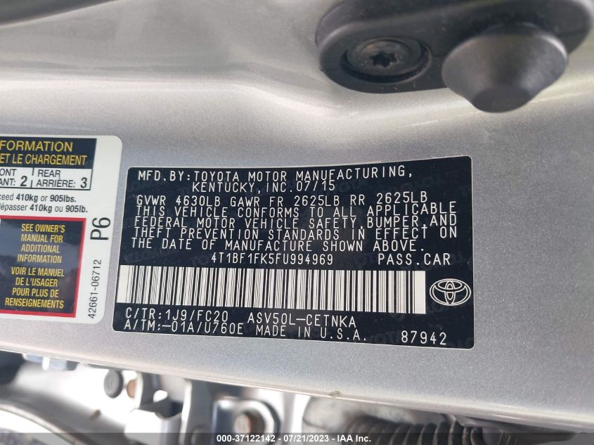 2015 TOYOTA CAMRY XLE/SE/LE/XSE - 4T1BF1FK5FU994969