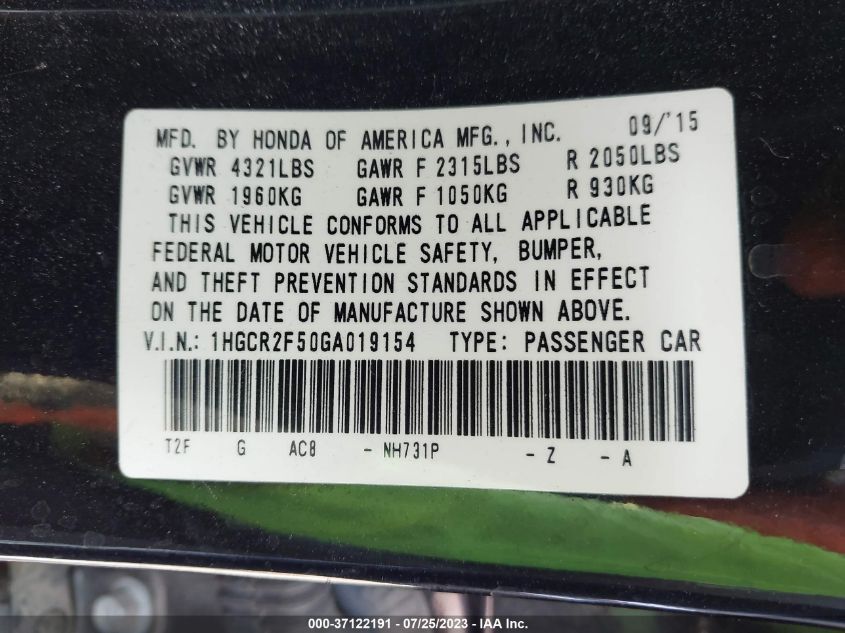 2016 HONDA ACCORD SEDAN SPORT - 1HGCR2F50GA019154