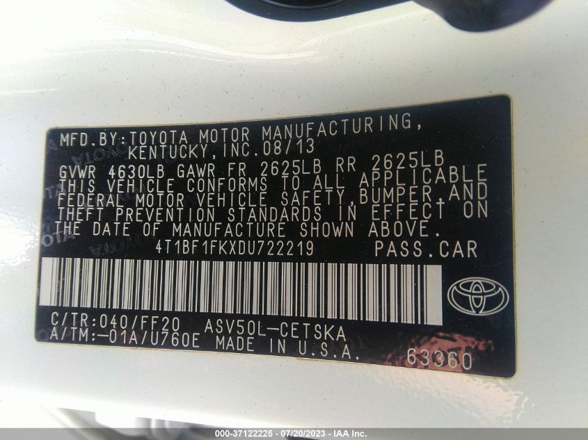 2013 TOYOTA CAMRY L/LE/SE/XLE - 4T1BF1FKXDU722219