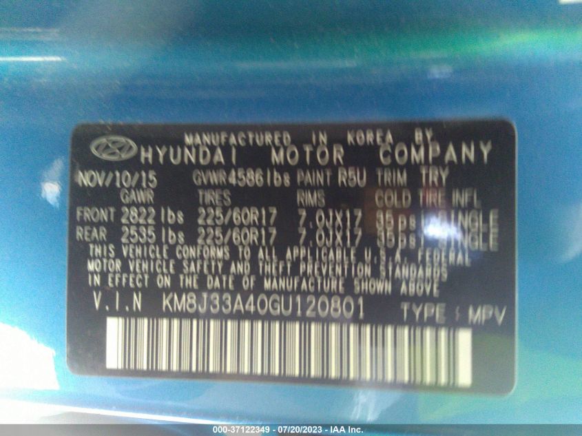 2016 HYUNDAI TUCSON LIMITED/SPORT AND ECO/SE - KM8J33A40GU120801