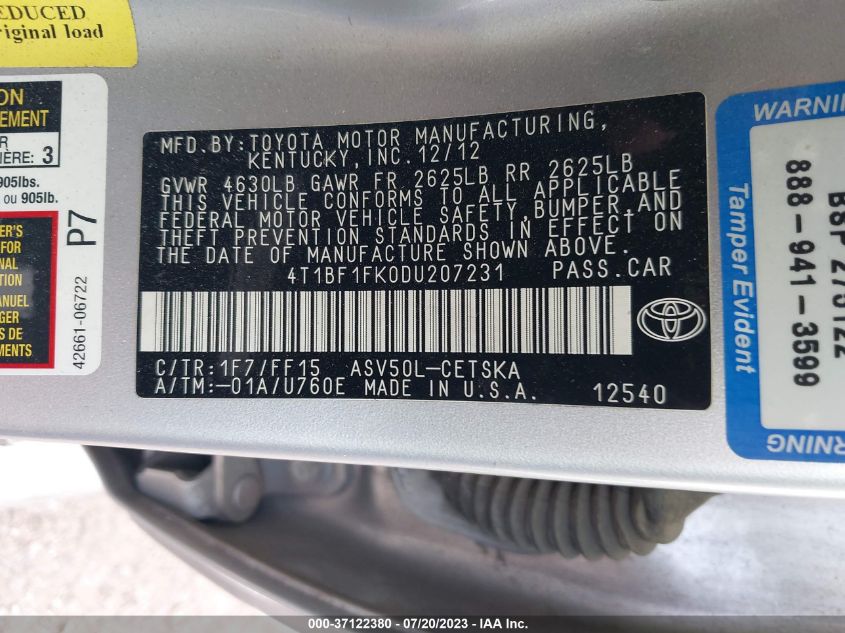 2013 TOYOTA CAMRY L/LE/SE/XLE - 4T1BF1FK0DU207231