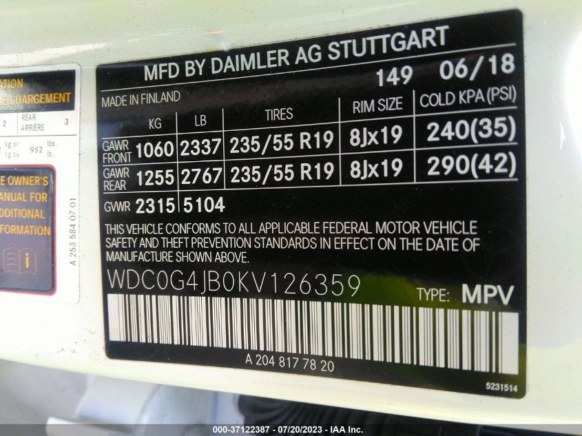 2019 MERCEDES-BENZ GLC GLC 300 - WDC0G4JB0KV126359