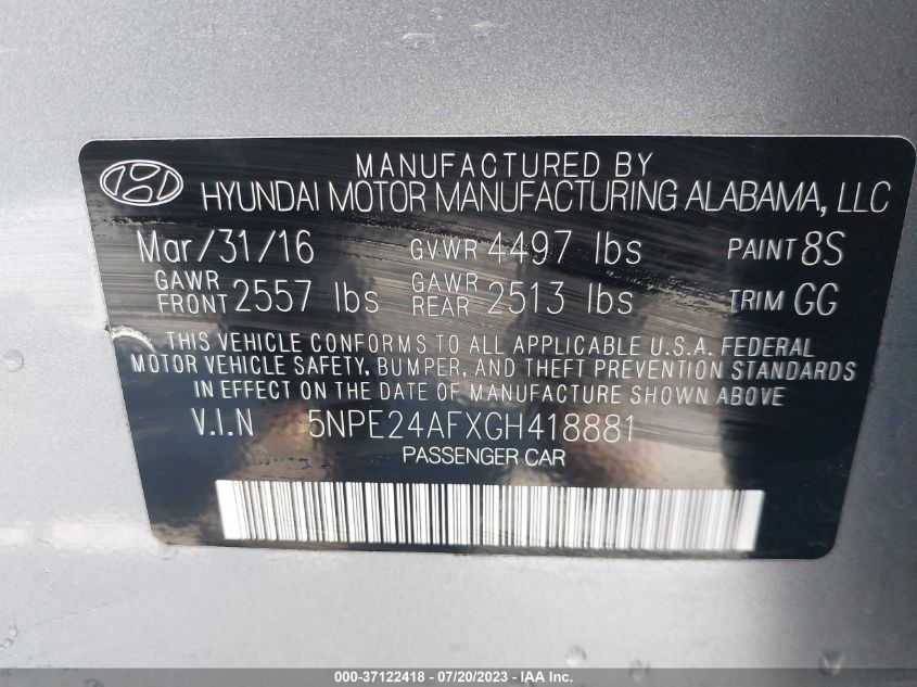 2016 HYUNDAI SONATA 2.4L - 5NPE24AFXGH418881