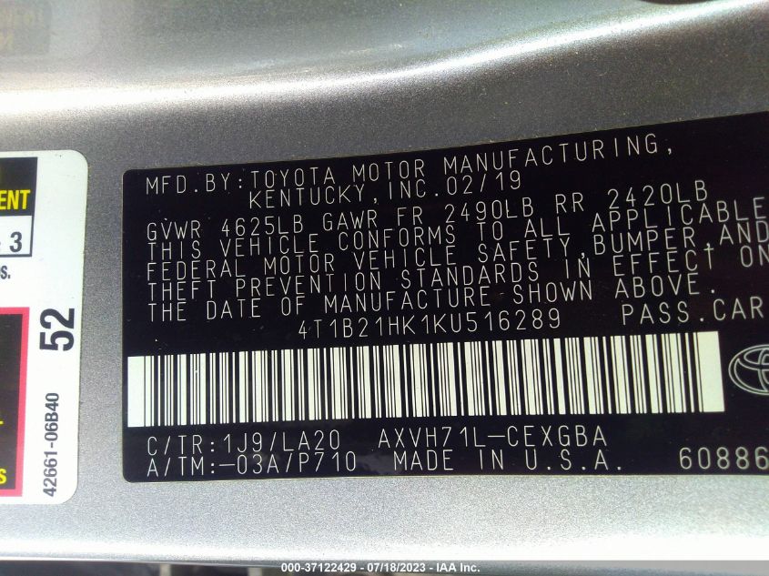 2019 TOYOTA CAMRY HYBRID XLE - 4T1B21HK1KU516289