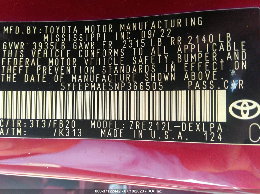 2022 TOYOTA COROLLA LE - 5YFEPMAE5NP366505