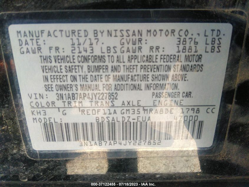 2018 NISSAN SENTRA SV - 3N1AB7AP4JY227852