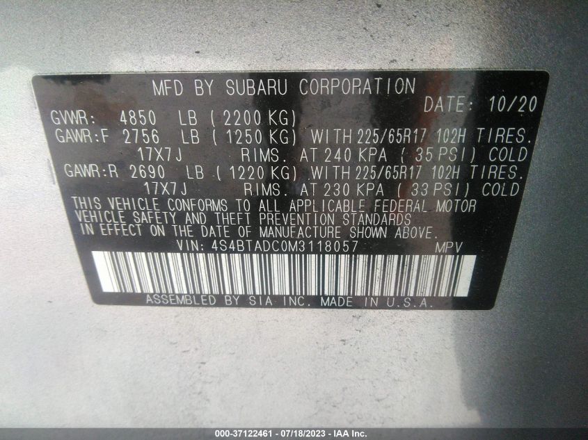 2021 SUBARU OUTBACK PREMIUM - 4S4BTADC0M3118057