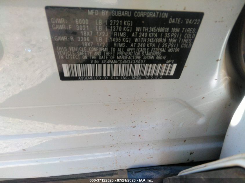 2022 SUBARU ASCENT PREMIUM - 4S4WMACD4N3438007