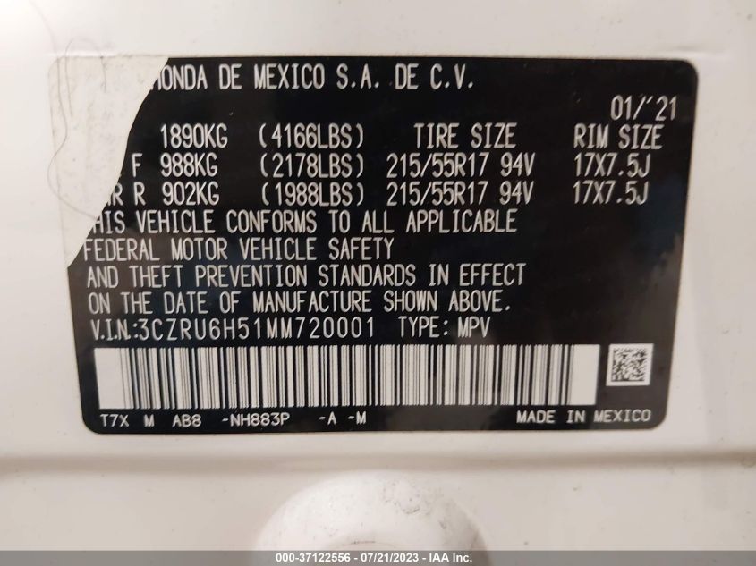 2021 HONDA HR-V EX - 3CZRU6H51MM720001