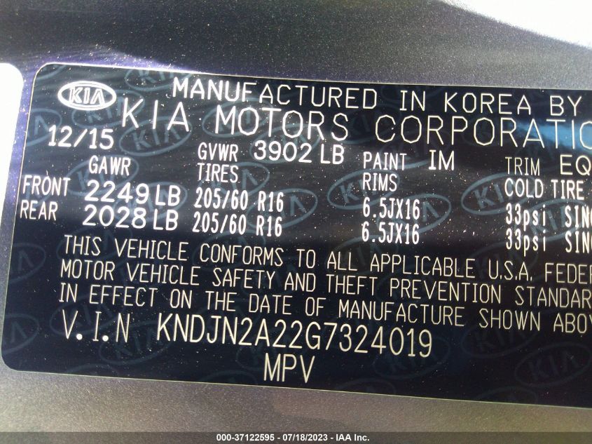 2016 KIA SOUL BASE - KNDJN2A22G7324019