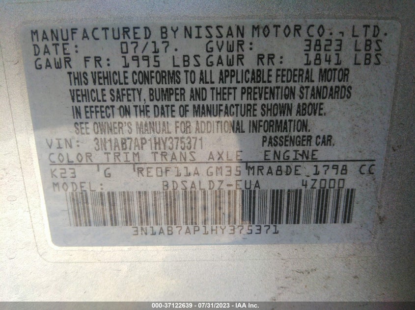 VIN 3N1AB7AP1HY375371 2017 NISSAN SENTRA SV
