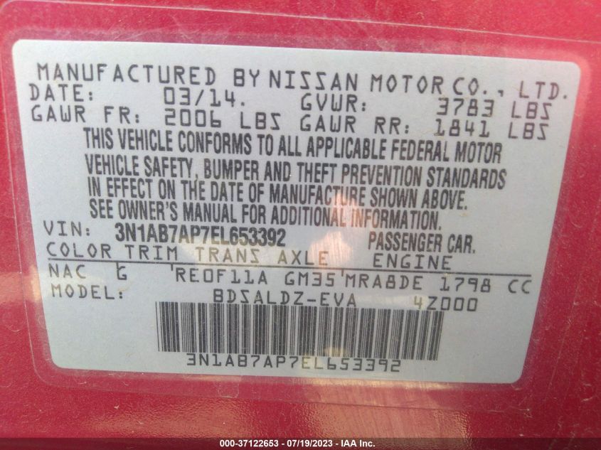 2014 NISSAN SENTRA S/FE+ S/SV/FE+ SV/SR/SL - 3N1AB7AP7EL653392