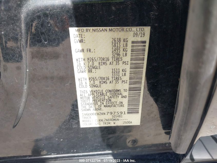 2019 NISSAN FRONTIER SV - 1N6DD0EV2KN797591