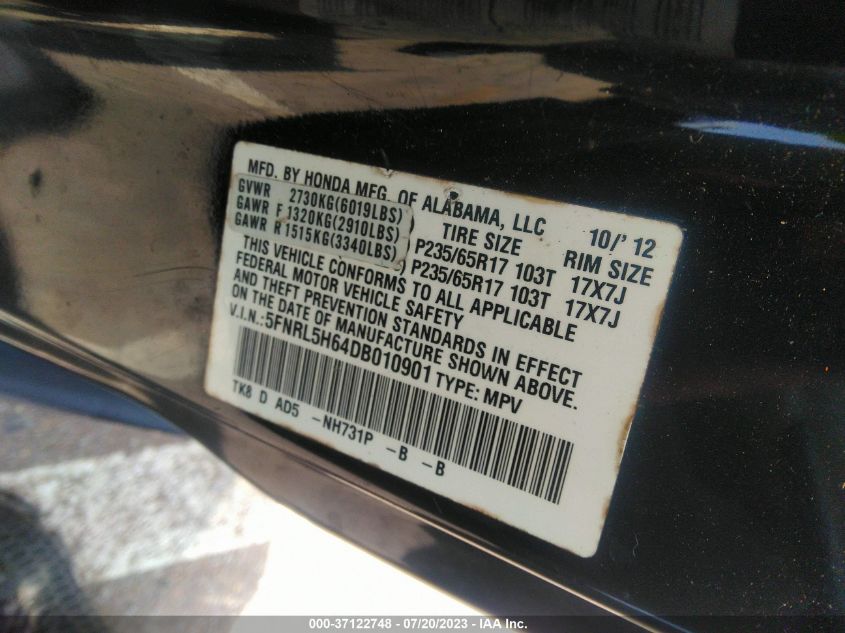 2013 HONDA ODYSSEY EX-L - 5FNRL5H64DB010901