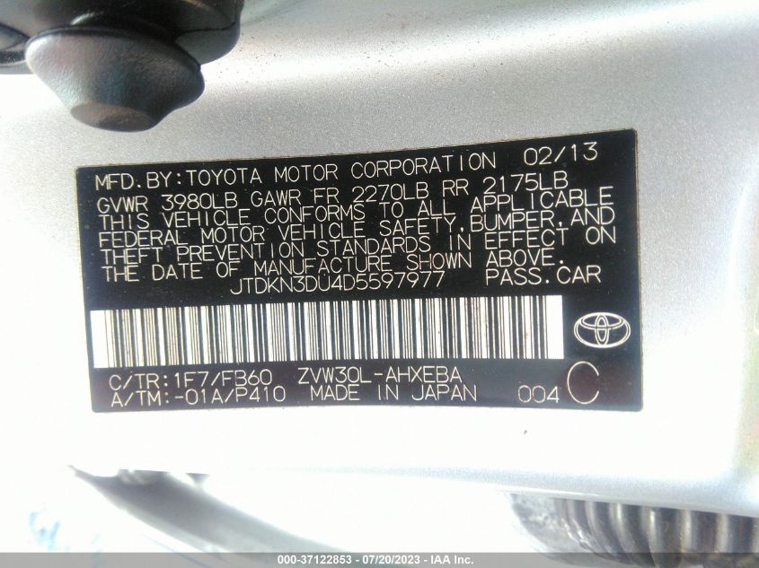 2013 TOYOTA PRIUS - JTDKN3DU4D5597977
