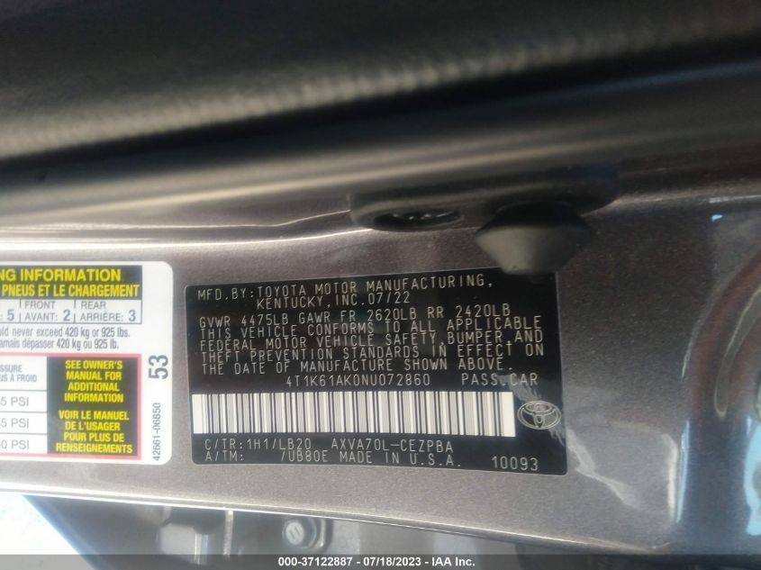 2022 TOYOTA CAMRY XSE - 4T1K61AK0NU072860