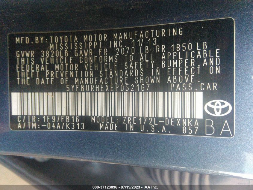 2014 TOYOTA COROLLA L/LE/LE PLS/PRM/S/S PLS - 5YFBURHEXEP052167