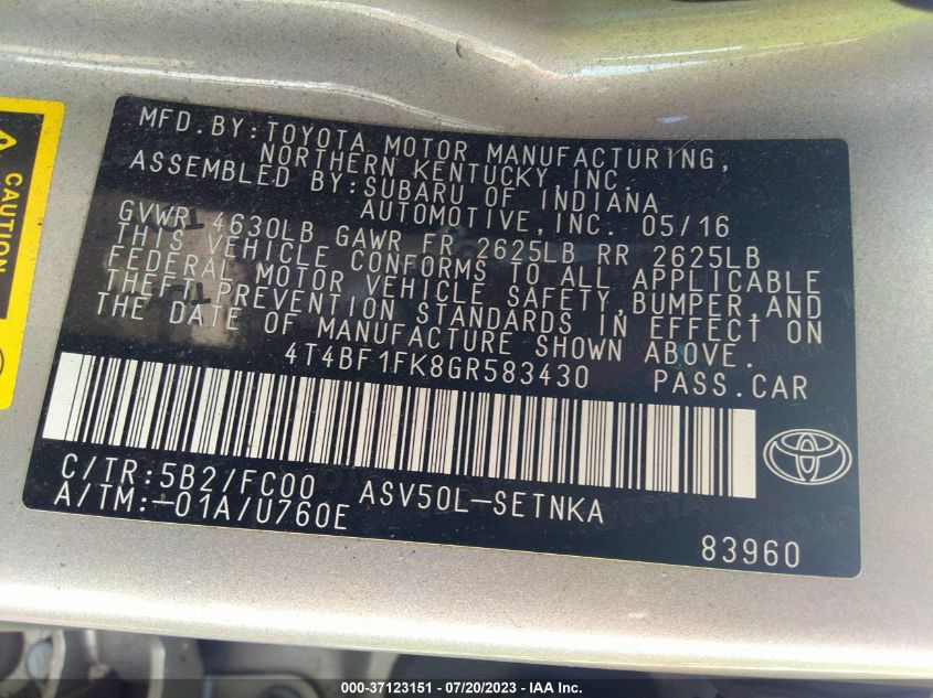 2016 TOYOTA CAMRY XLE/SE/LE/XSE - 4T4BF1FK8GR583430