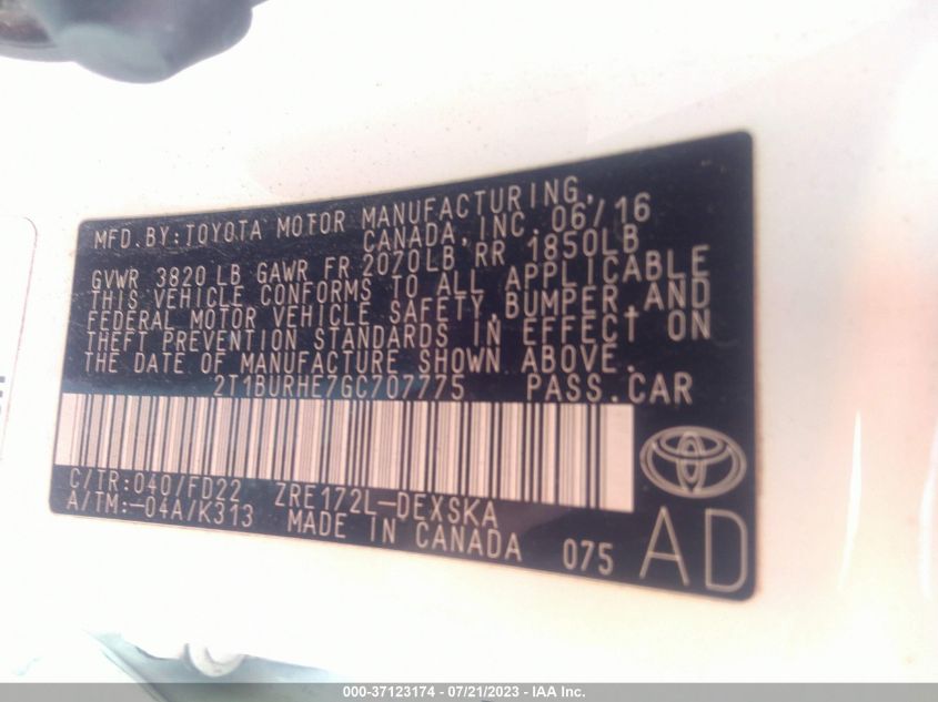 2016 TOYOTA COROLLA L/LE/S/S PLUS/LE PLUS - 2T1BURHE7GC707775