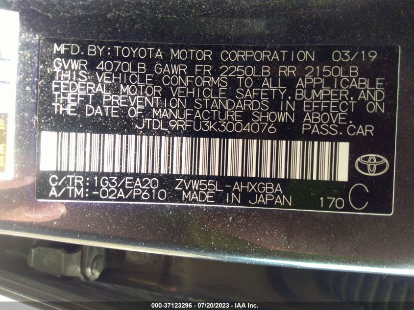 2019 TOYOTA PRIUS LE/XLE - JTDL9RFU3K3004076