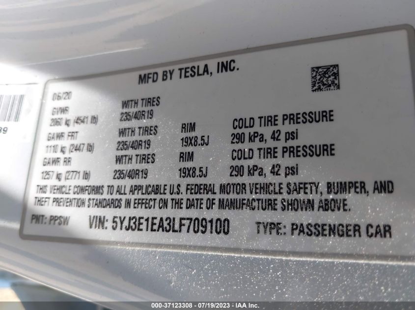 2020 TESLA MODEL 3 STANDARD RANGE - 5YJ3E1EA3LF709100