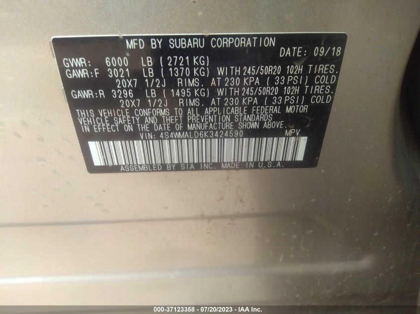 2019 SUBARU ASCENT LIMITED - 4S4WMALD6K3424590