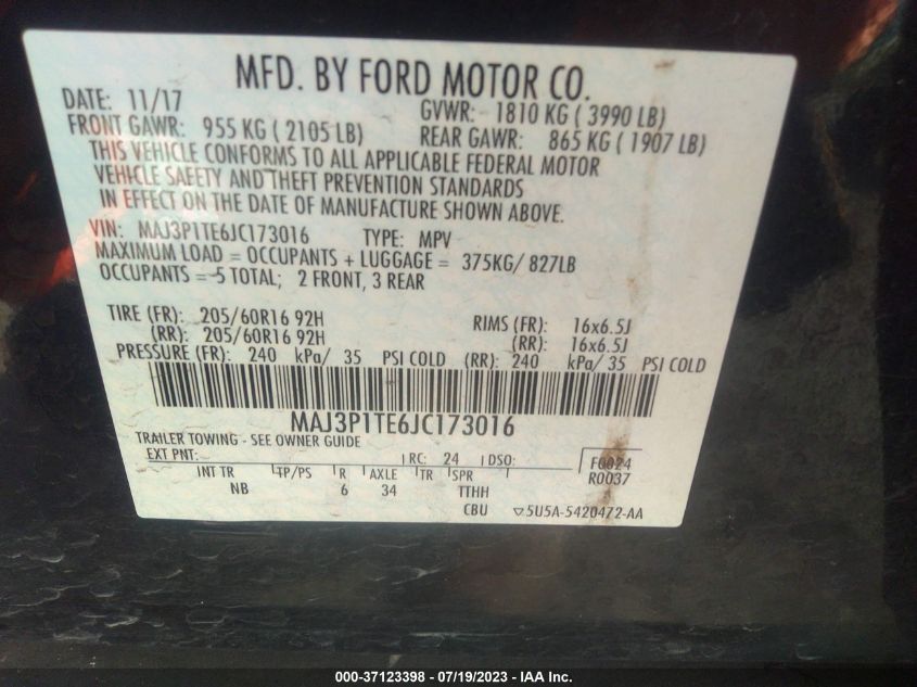 2018 FORD ECOSPORT SE - MAJ3P1TE6JC173016