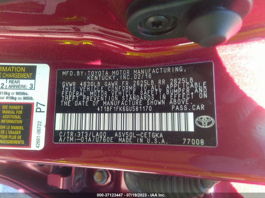 2016 TOYOTA CAMRY LE/XLE/SE/XSE - 4T1BF1FK6GU581170