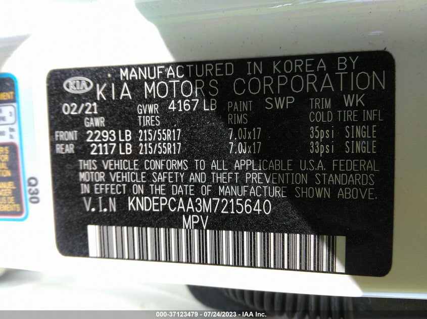 VIN KNDEPCAA3M7215640 2021 KIA SELTOS LX