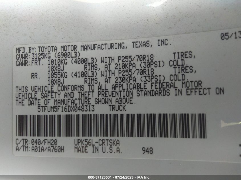 2013 TOYOTA TUNDRA 4WD TRUCK - 5TFUM5F16DX048313