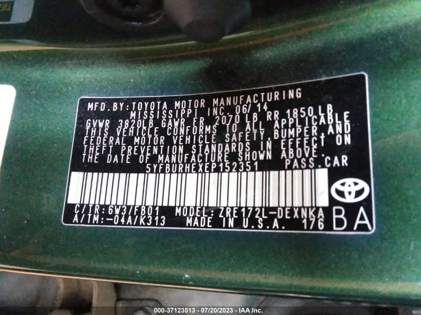 2014 TOYOTA COROLLA L/LE/LE PLS/PRM/S/S PLS - 5YFBURHEXEP152351